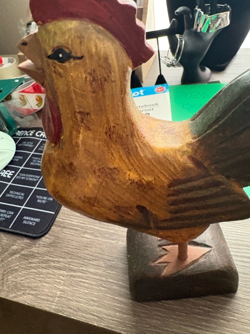 Hand-Carved Wooden Rooster Figurine - Yellow & Dark Green - Picture 7 of 10